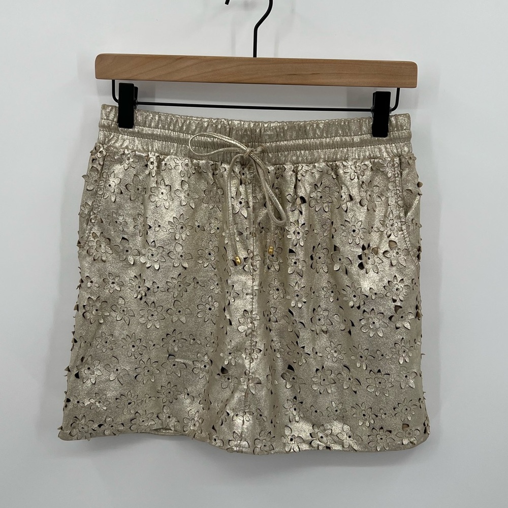 Leifsdottir metallic gold leather floral cutout mini skirt